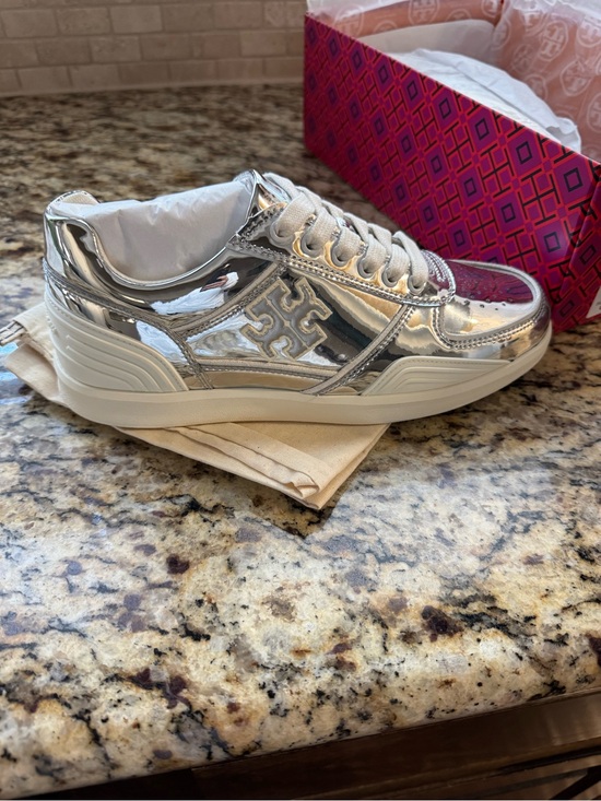 Tory Burch Shoes - Tory Burch Metallic Silver Low-Top Logo Sneaker